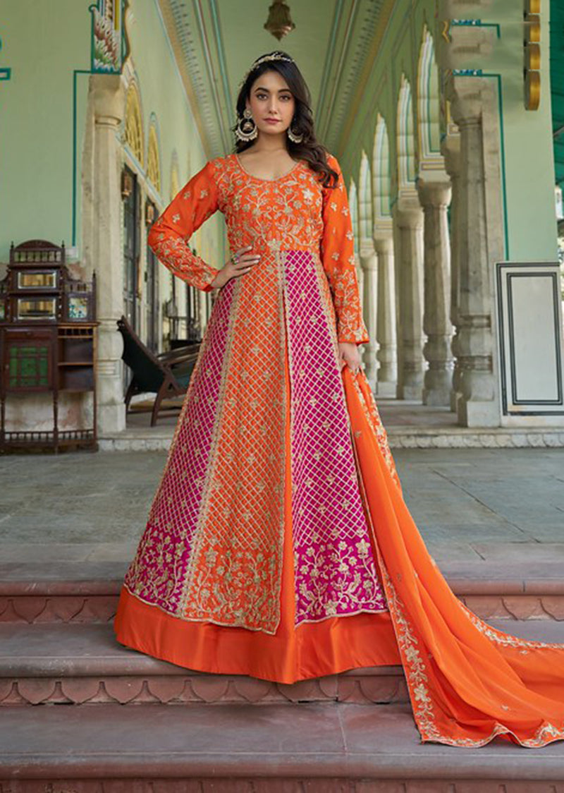 Monjolika Fashion Orange And Pink Embroidered Anarkali Gown - Distacart