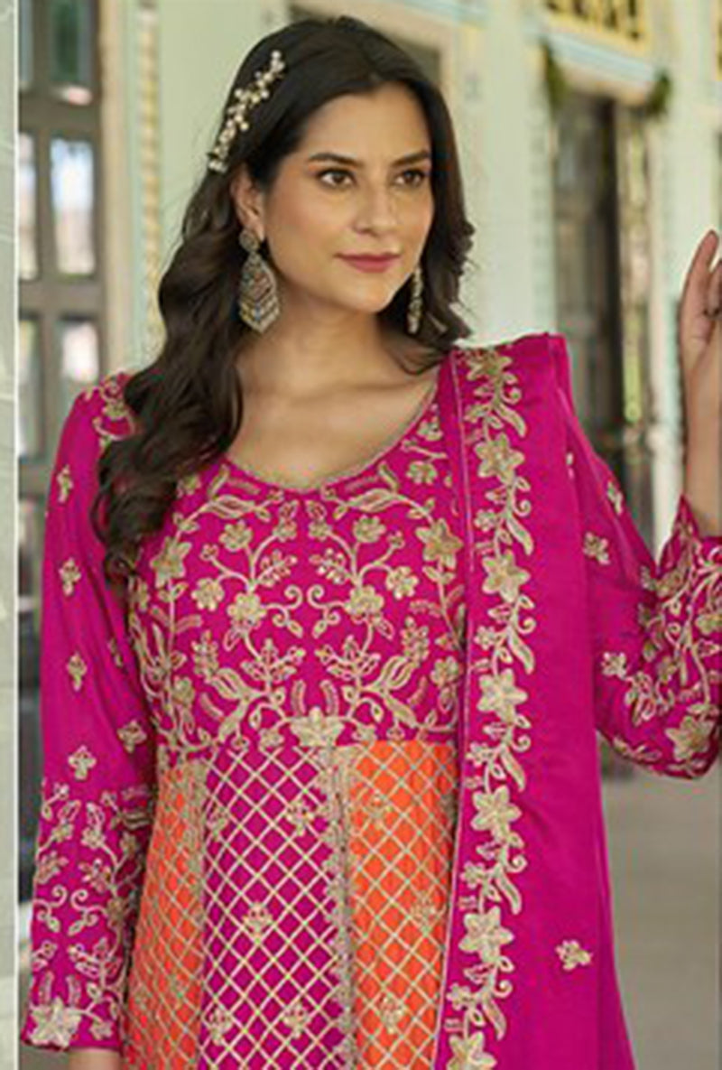 Monjolika Fashion Rani Pink And Orange Embroidered Anarkali Gown - Distacart