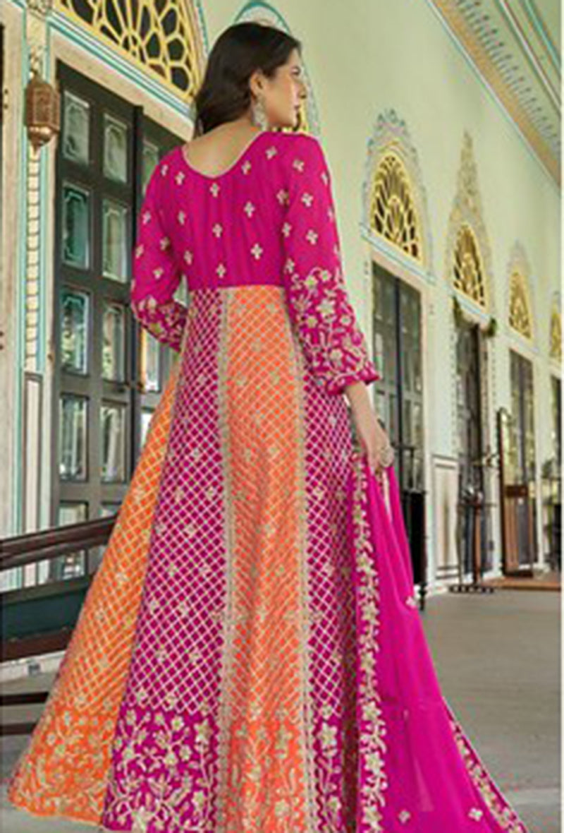 Monjolika Fashion Rani Pink And Orange Embroidered Anarkali Gown - Distacart