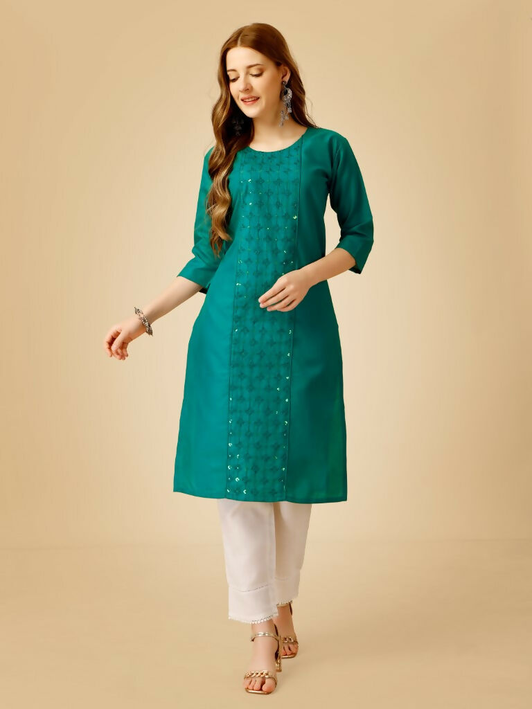 Jyoti Fashion Women's Rama Cotton Blend Embroidered Kurta Pant Set