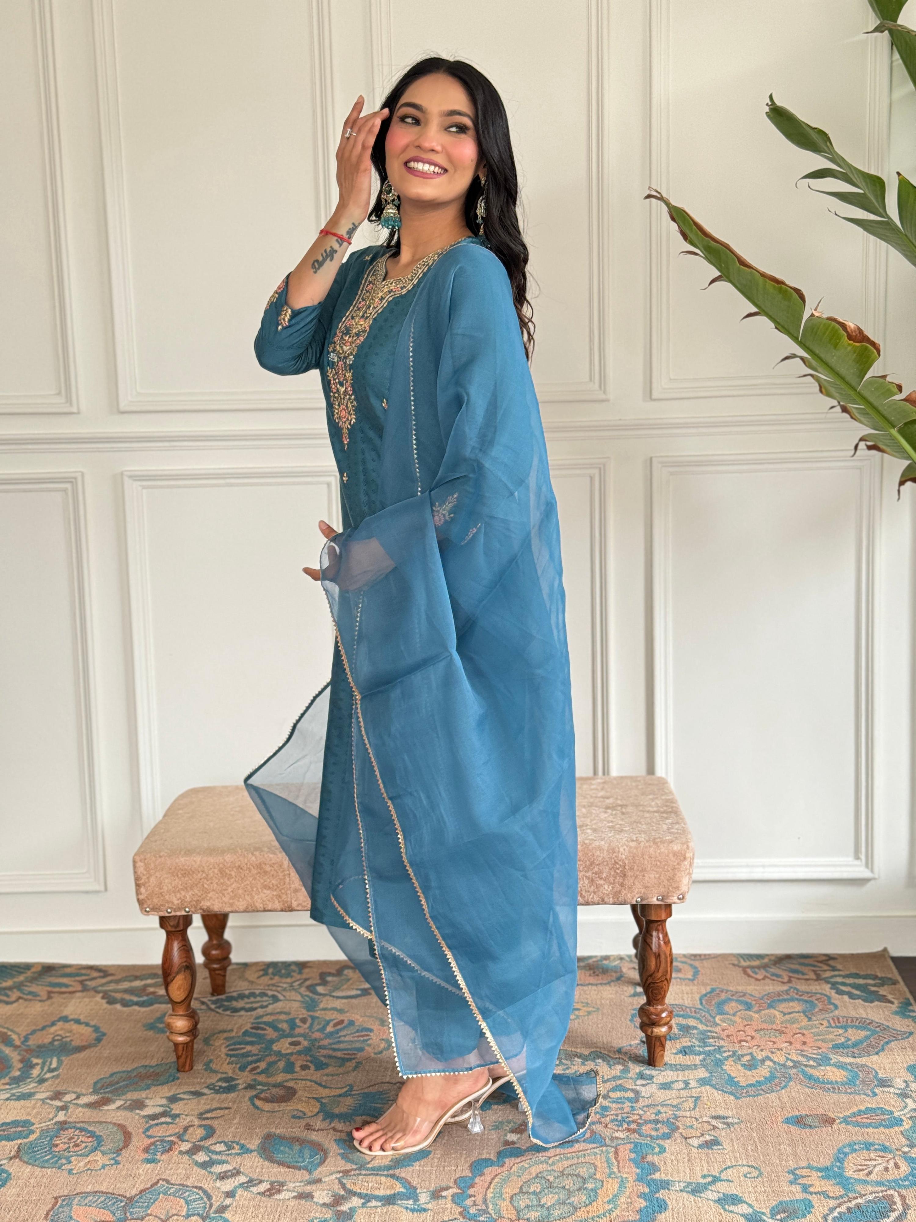 The52 Rama Embroidered Viscose Blend Fabric Straight Kurta, Pant and Dupatta Set - Distacart