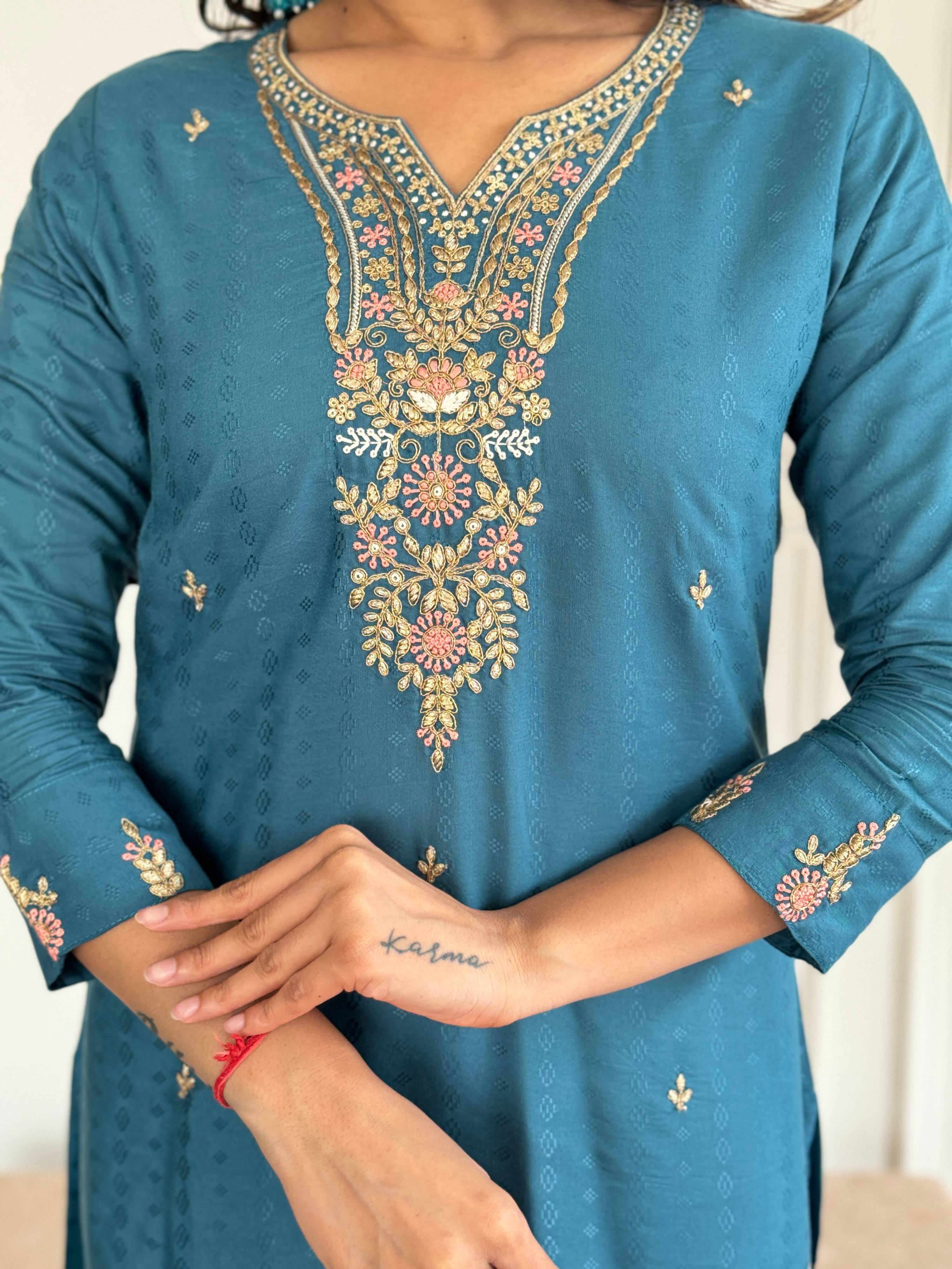 The52 Rama Embroidered Viscose Blend Fabric Straight Kurta, Pant and Dupatta Set - Distacart