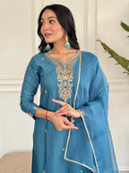 The52 Rama Embroidered Viscose Blend Fabric Straight Kurta, Pant and Dupatta Set - Distacart