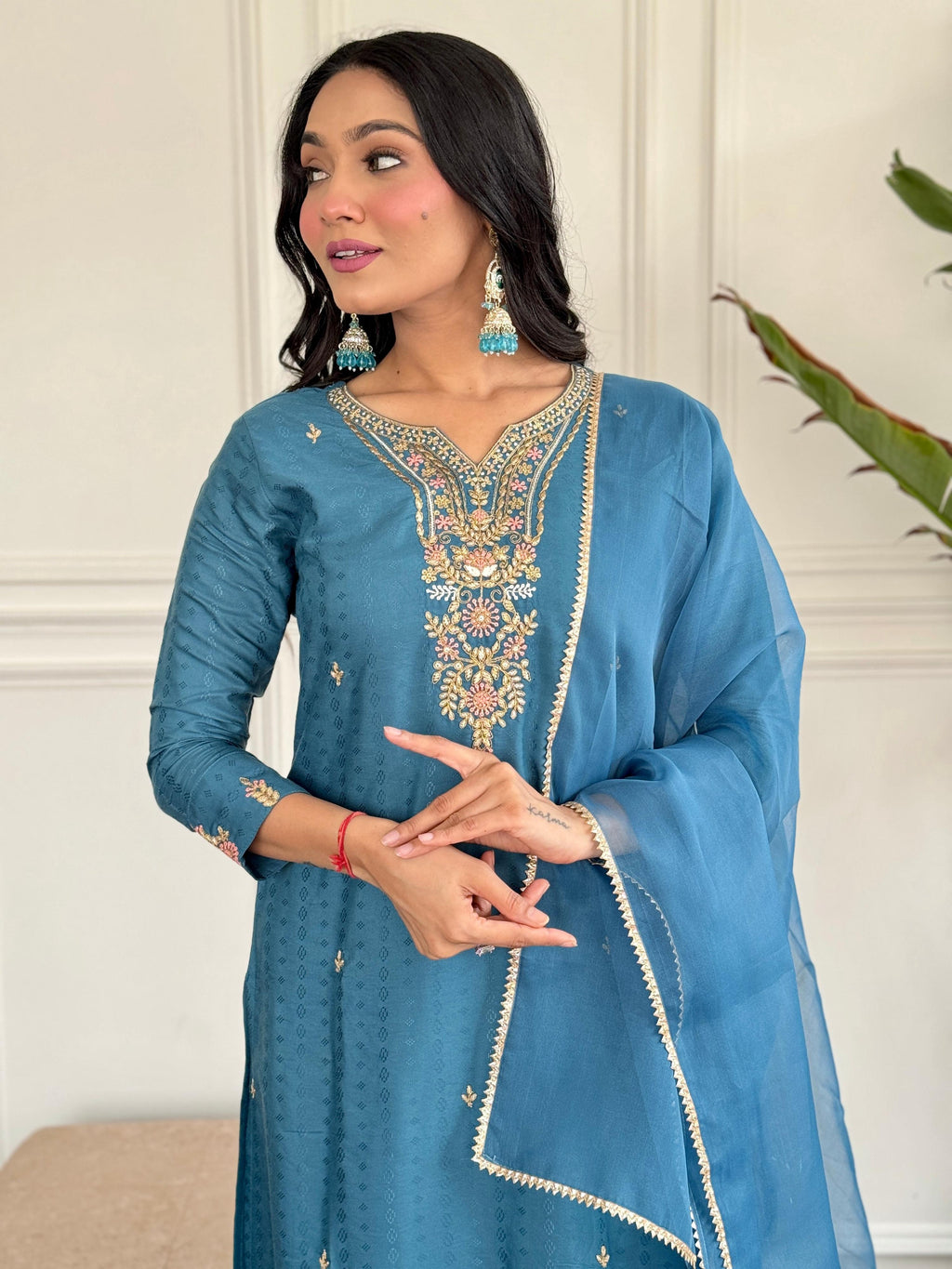 The52 Rama Embroidered Viscose Blend Fabric Straight Kurta, Pant and Dupatta Set - Distacart