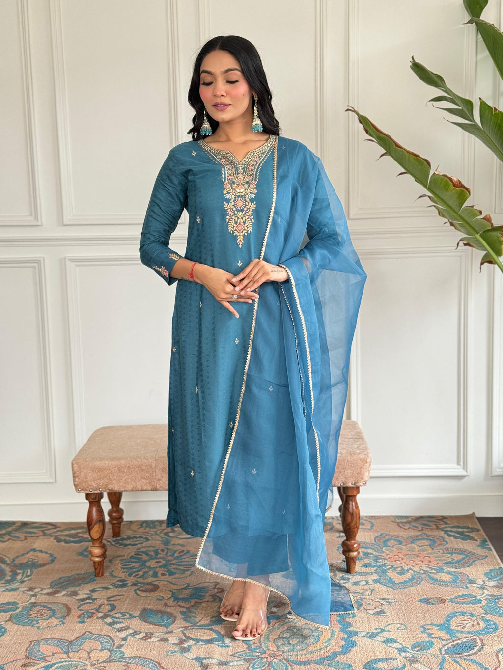 The52 Rama Embroidered Viscose Blend Fabric Straight Kurta, Pant and Dupatta Set - Distacart