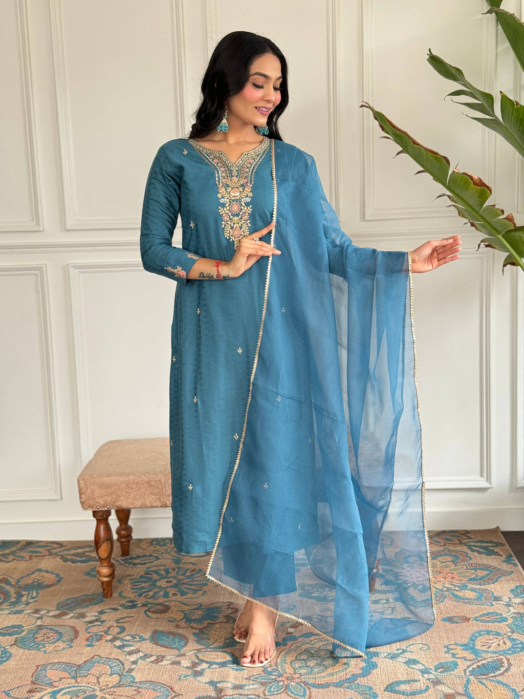 The52 Rama Embroidered Viscose Blend Fabric Straight Kurta, Pant and Dupatta Set - Distacart