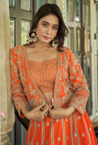 Monjolika Fashion Orange Chinnon Heavy Embroidered Koti Style Lehenga Choli