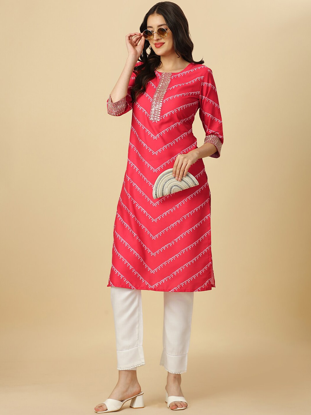 HERE&NOW Red & White Bandhani Printed Thread Work Kurta