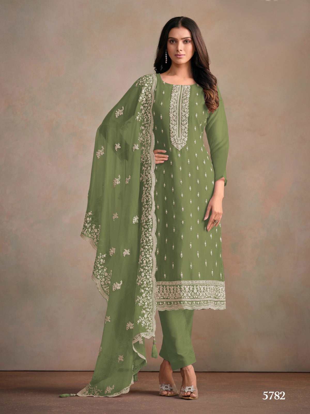 Anaita Olive Heavy Organza With Embroidery Straight Salwar Suit - Distacart