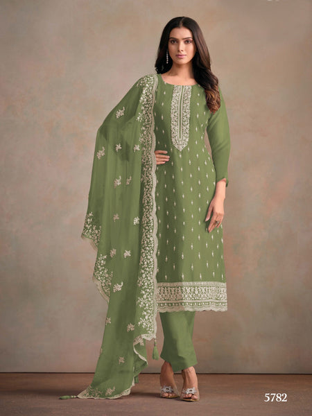 Anaita Olive Heavy Organza With Embroidery Straight Salwar Suit