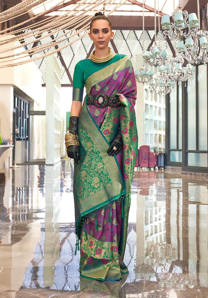 Monjolika Fashion Weaving Handloom Silk Blend Trendy Saree In Green And Magenta - Distacart