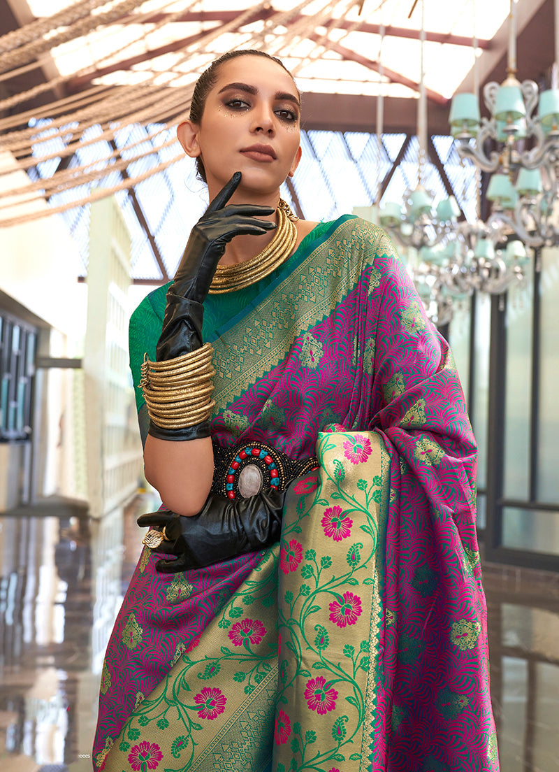 Monjolika Fashion Weaving Handloom Silk Blend Trendy Saree In Green And Magenta - Distacart