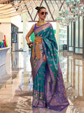 Monjolika Fashion Weaving Handloom Silk Blend Trendy Saree In Teal And Violet - Distacart