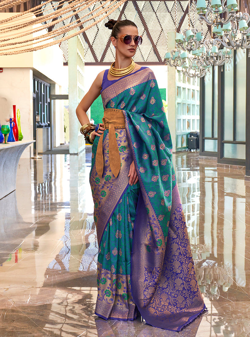 Monjolika Fashion Weaving Handloom Silk Blend Trendy Saree In Teal And Violet - Distacart