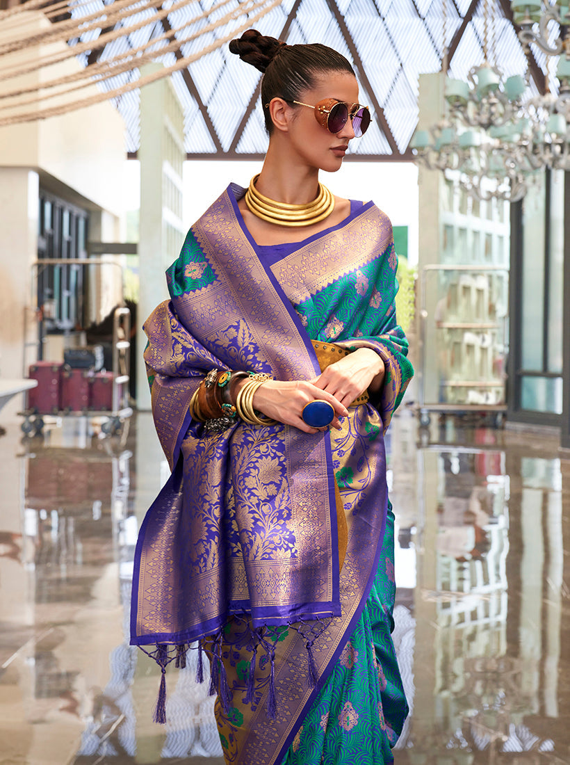 Monjolika Fashion Weaving Handloom Silk Blend Trendy Saree In Teal And Violet - Distacart