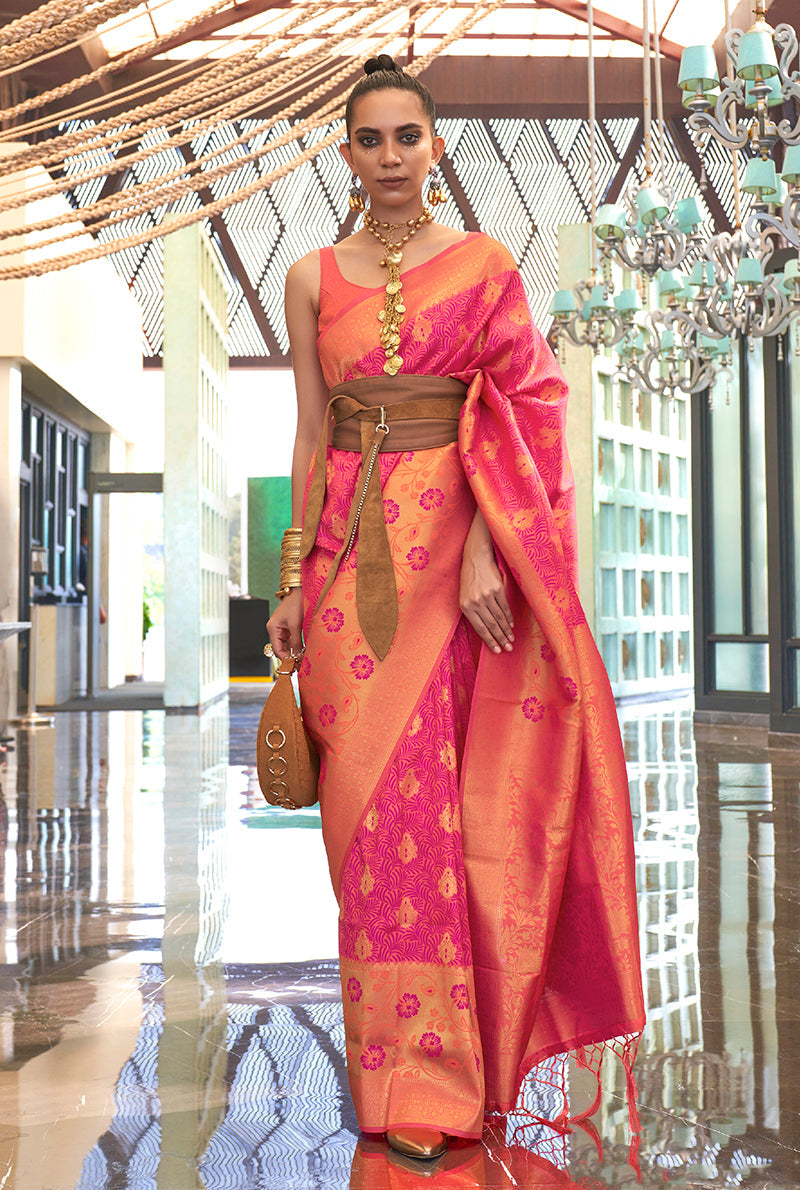 Monjolika Fashion Weaving Handloom Silk Blend Trendy Saree In Peach And Pink - Distacart