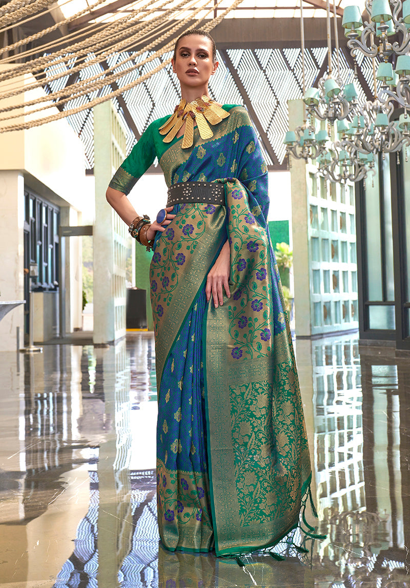 Monjolika Fashion Weaving Handloom Silk Blend Trendy Saree In Blue And Green - Distacart