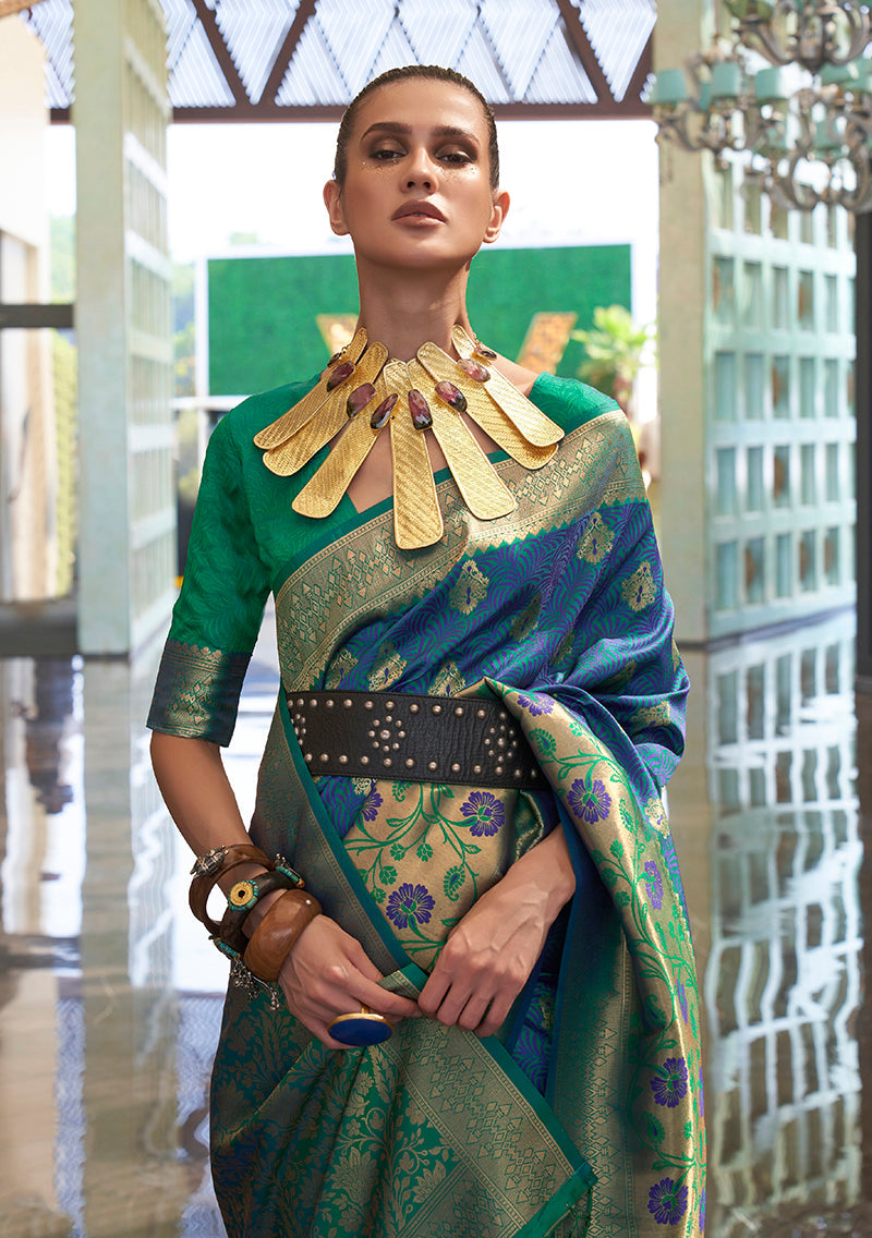 Monjolika Fashion Weaving Handloom Silk Blend Trendy Saree In Blue And Green - Distacart