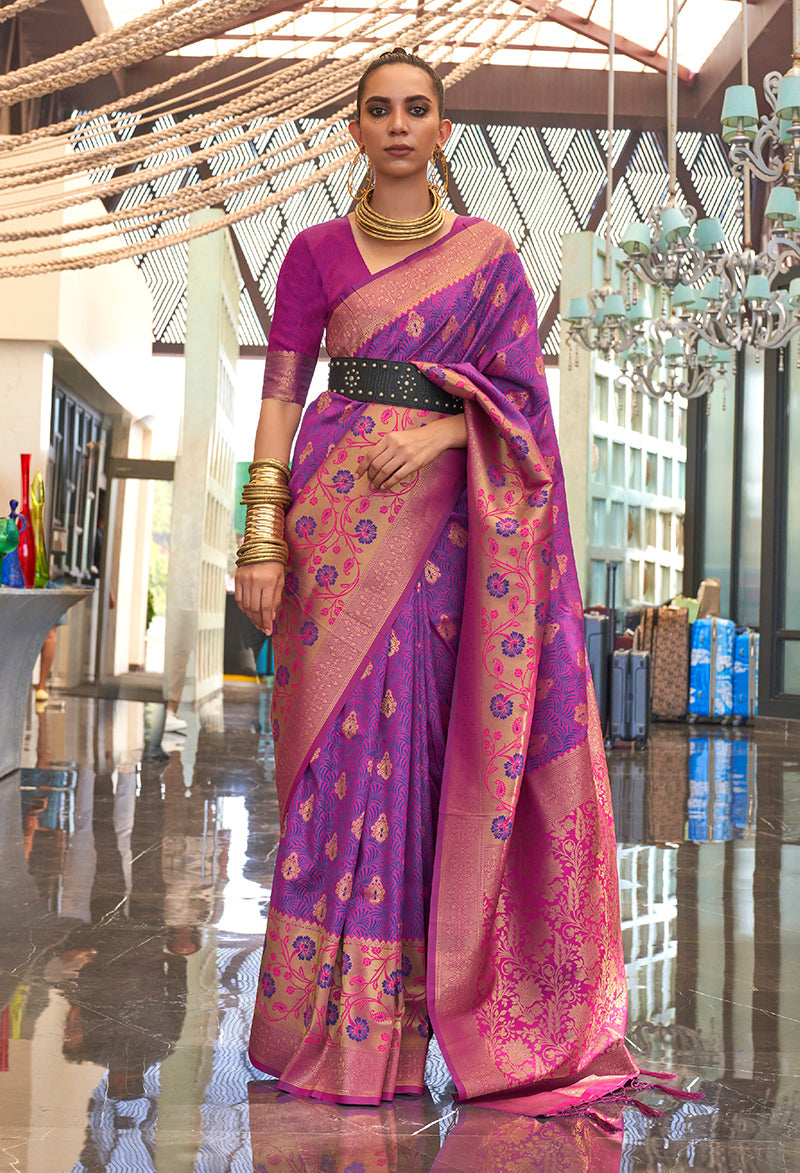 Monjolika Fashion Weaving Handloom Silk Blend Trendy Saree In Magenta And Violet - Distacart