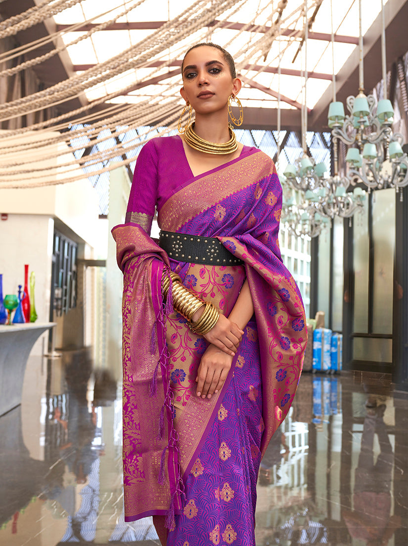 Monjolika Fashion Weaving Handloom Silk Blend Trendy Saree In Magenta And Violet - Distacart