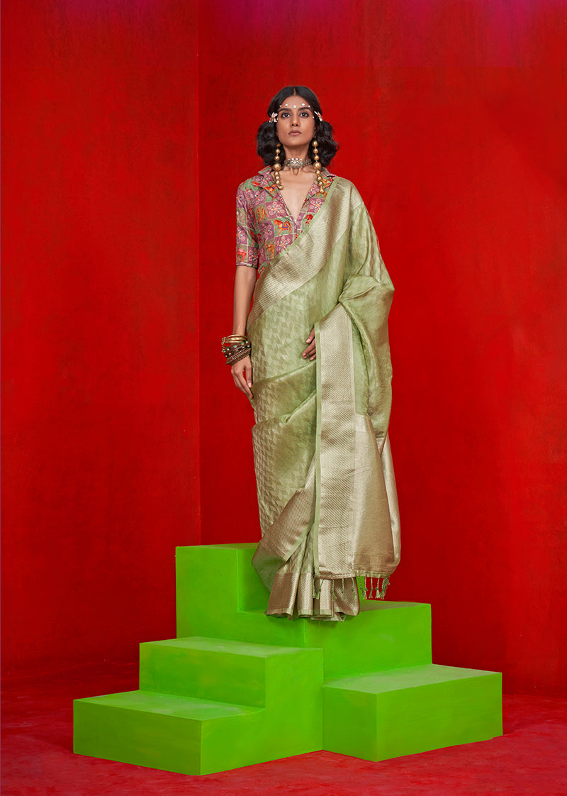 Monjolika Fashion Viscose Light Green Zari Weaving Border Traditional Saree - Distacart