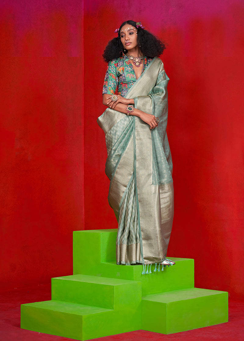 Monjolika Fashion Viscose Aqua Blue Zari Weaving Border Traditional Saree