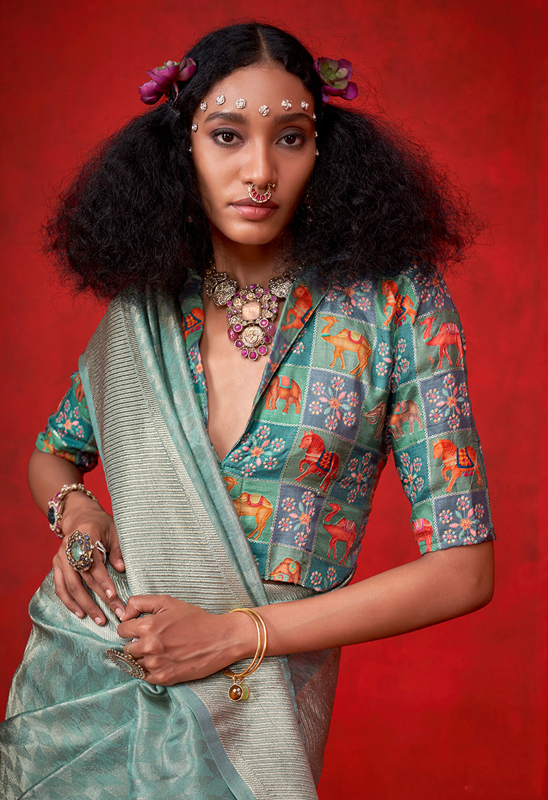 Monjolika Fashion Viscose Aqua Blue Zari Weaving Border Traditional Saree