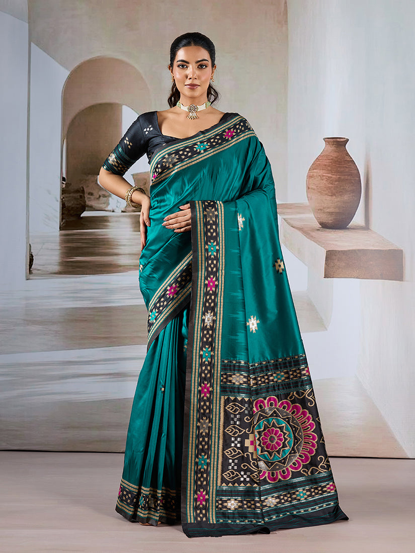 Monjolika Fashion Teal Weaving Handloom Silk Blend Designer Saree