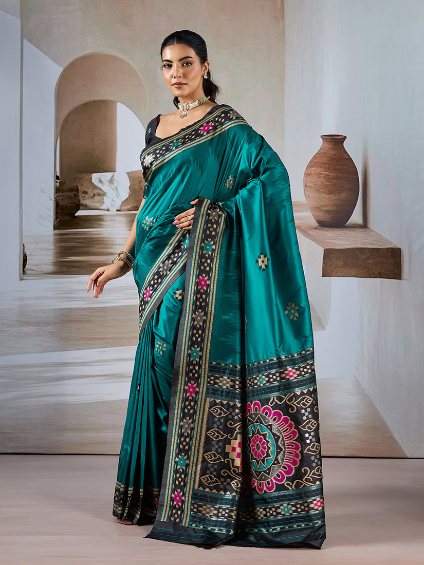 Monjolika Fashion Teal Weaving Handloom Silk Blend Designer Saree