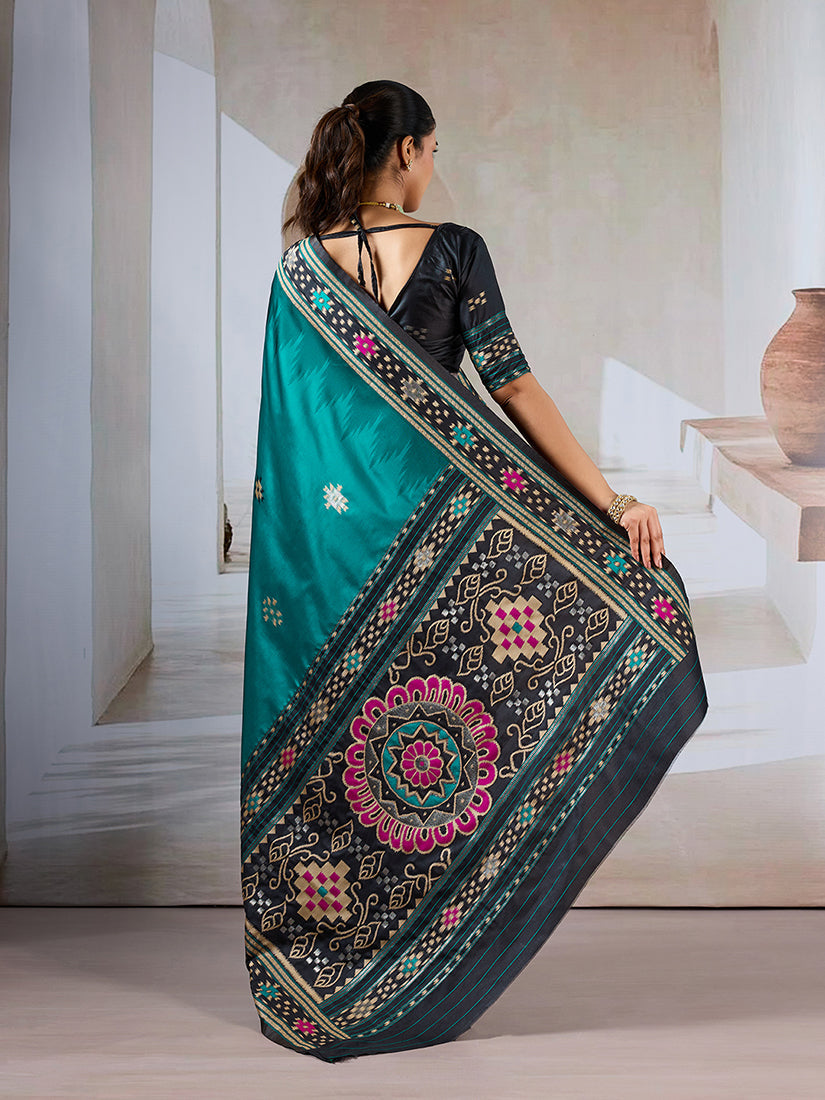 Monjolika Fashion Teal Weaving Handloom Silk Blend Designer Saree