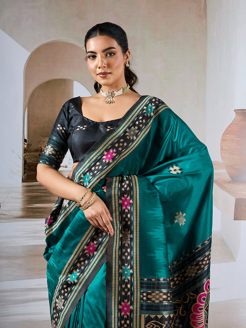 Monjolika Fashion Teal Weaving Handloom Silk Blend Designer Saree