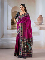 Monjolika Fashion Dark Magenta Weaving Handloom Silk Blend Designer Saree