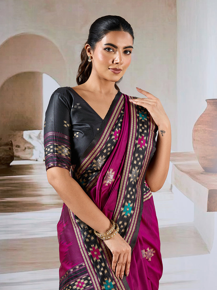 Monjolika Fashion Dark Magenta Weaving Handloom Silk Blend Designer Saree