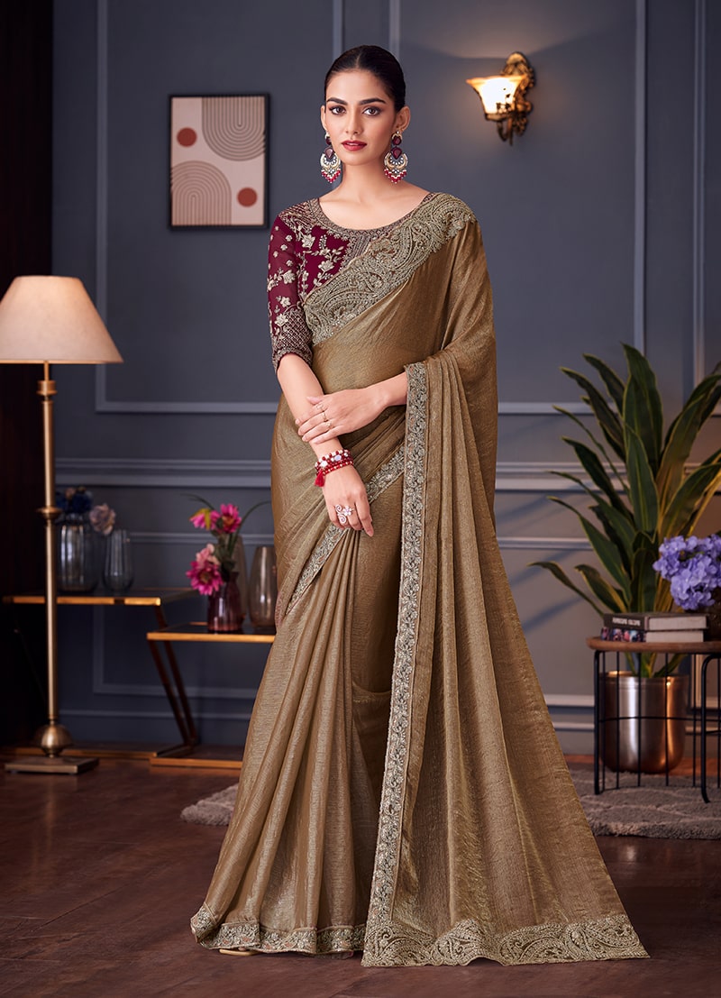 Monjolika Fashion Brown Embroidered Double Tone Silk Blend Designer Saree - Distacart