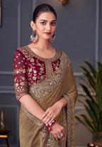 Monjolika Fashion Brown Embroidered Double Tone Silk Blend Designer Saree - Distacart