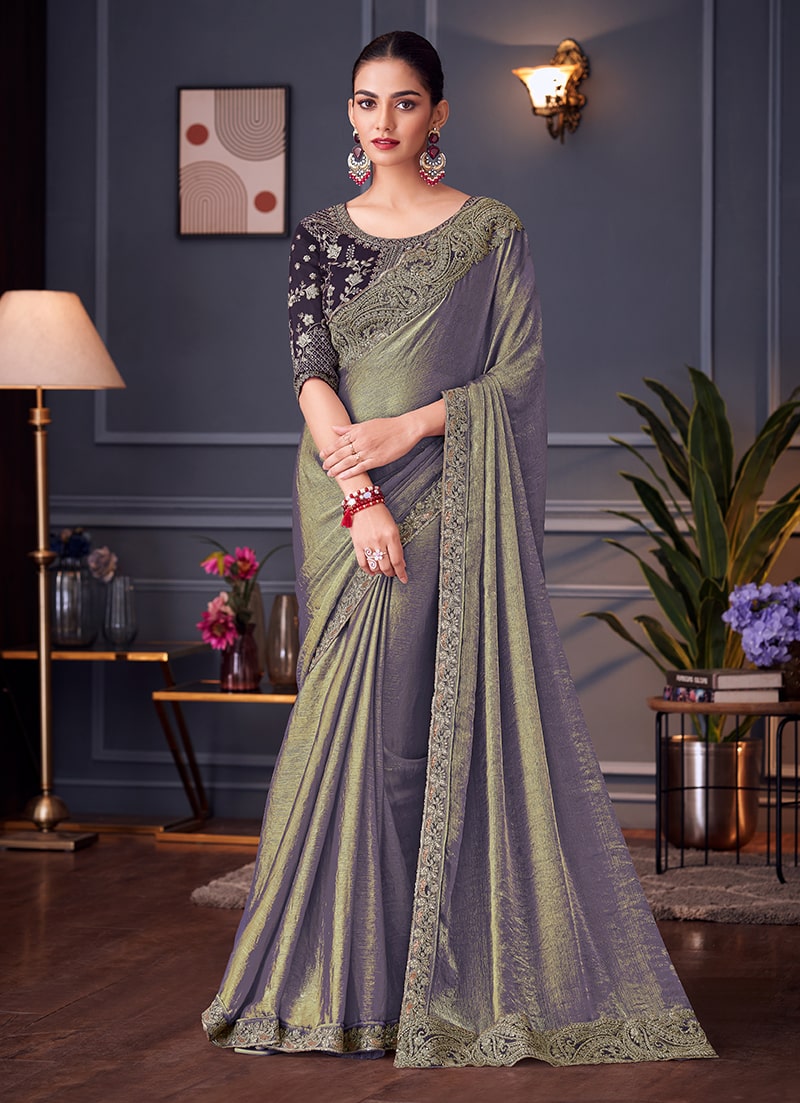 Monjolika Fashion Steel Grey Embroidered Double Tone Silk Blend Designer Saree - Distacart