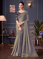 Monjolika Fashion Steel Grey Embroidered Double Tone Silk Blend Designer Saree - Distacart