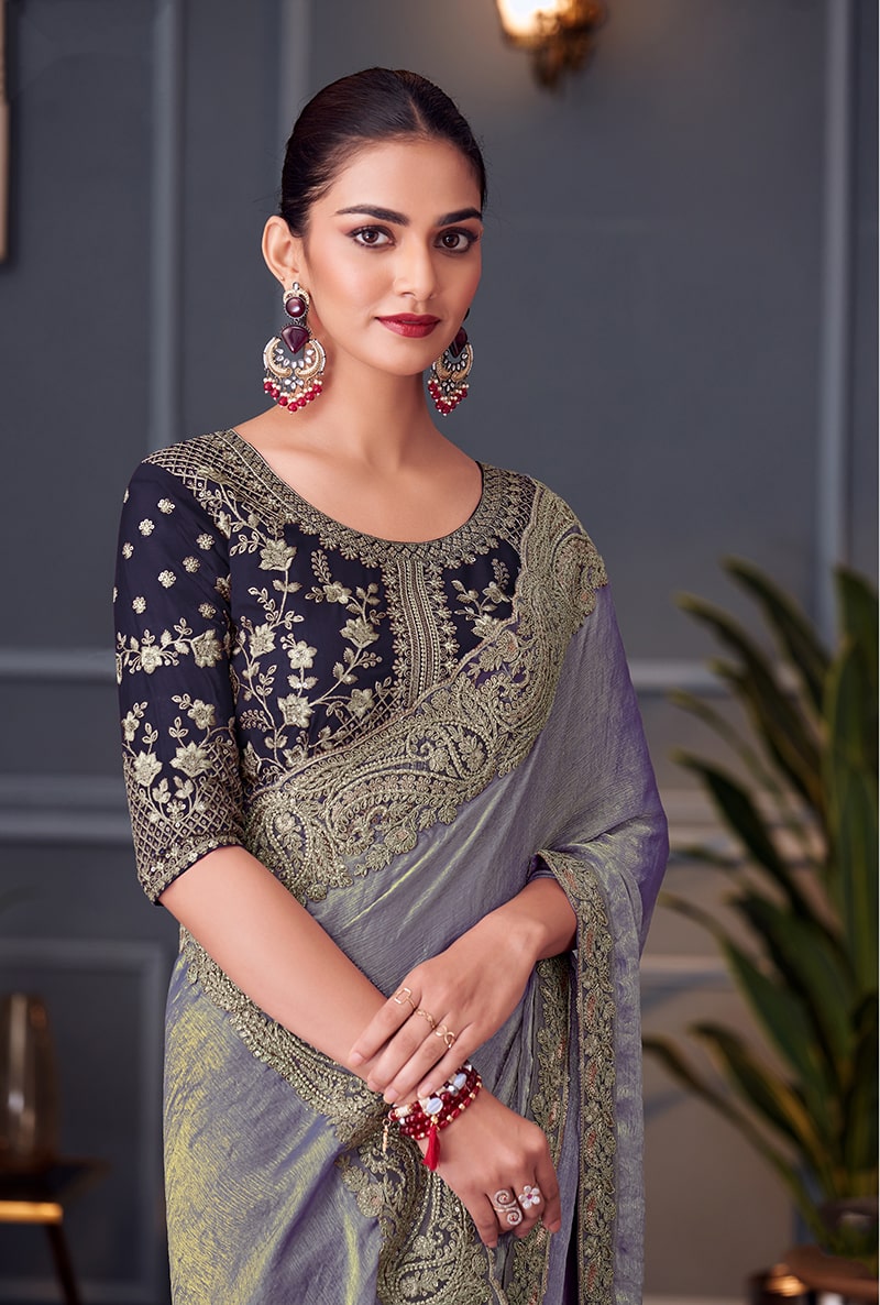 Monjolika Fashion Steel Grey Embroidered Double Tone Silk Blend Designer Saree - Distacart