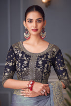 Monjolika Fashion Steel Grey Embroidered Double Tone Silk Blend Designer Saree - Distacart