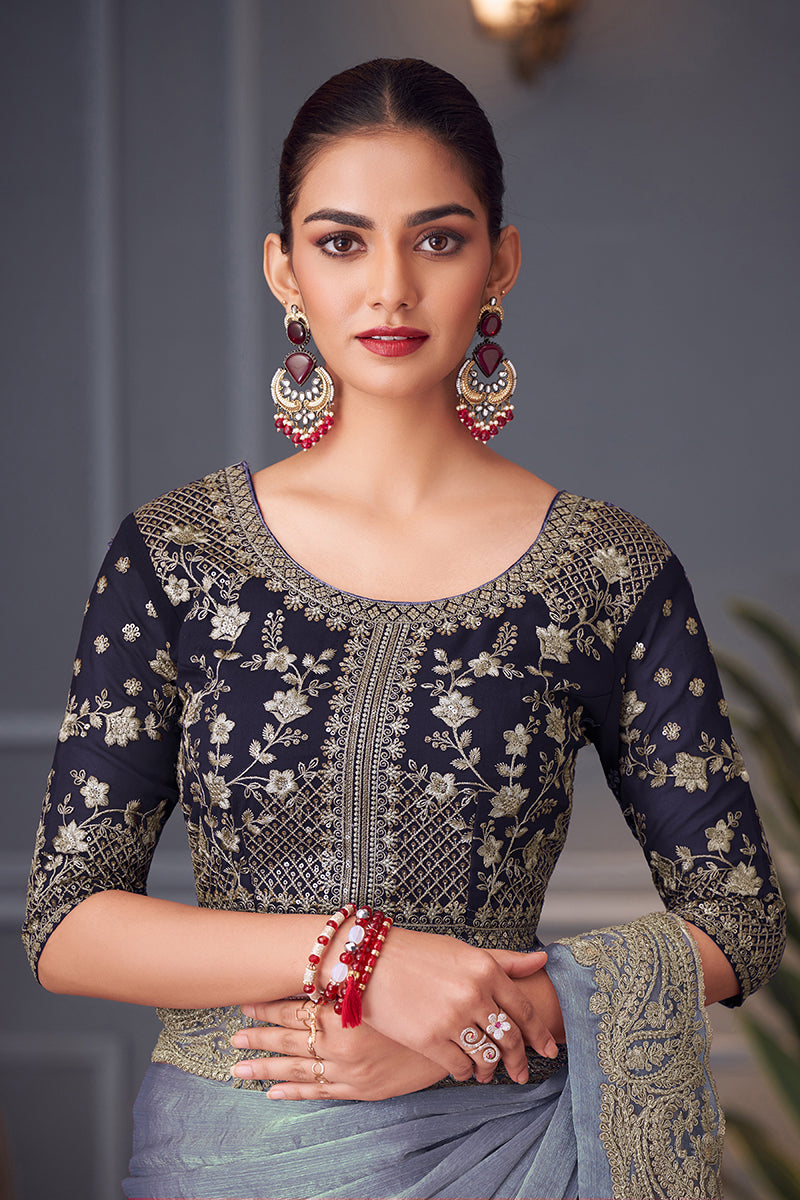 Monjolika Fashion Steel Grey Embroidered Double Tone Silk Blend Designer Saree - Distacart
