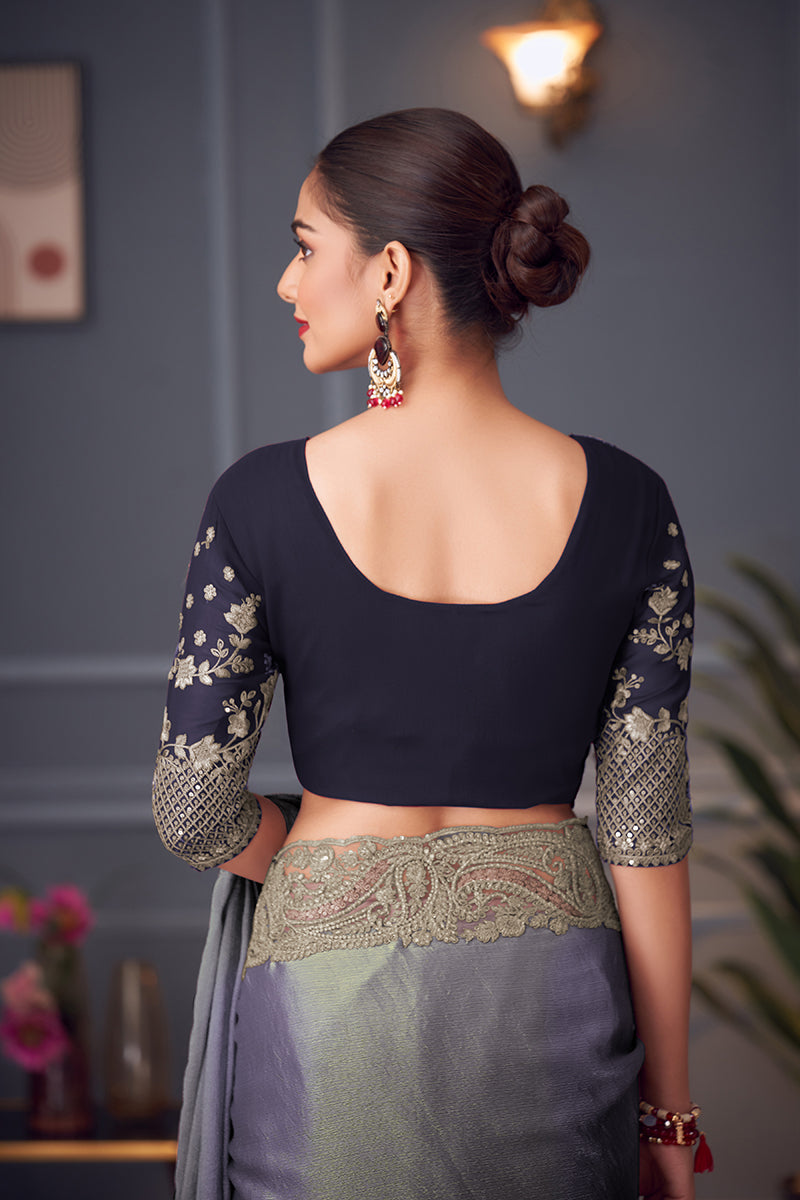 Monjolika Fashion Steel Grey Embroidered Double Tone Silk Blend Designer Saree - Distacart