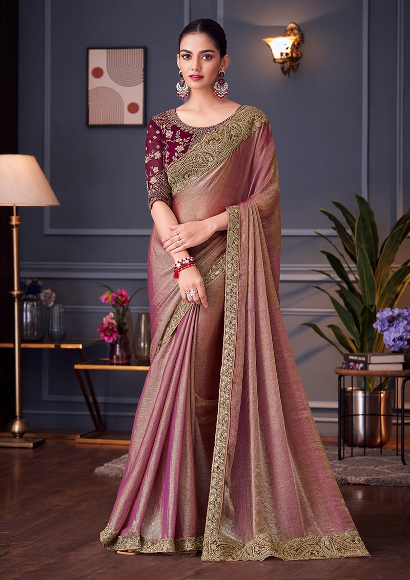 Monjolika Fashion Pink Embroidered Double Tone Silk Blend Designer Saree - Distacart