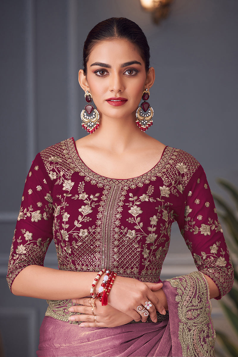 Monjolika Fashion Pink Embroidered Double Tone Silk Blend Designer Saree - Distacart