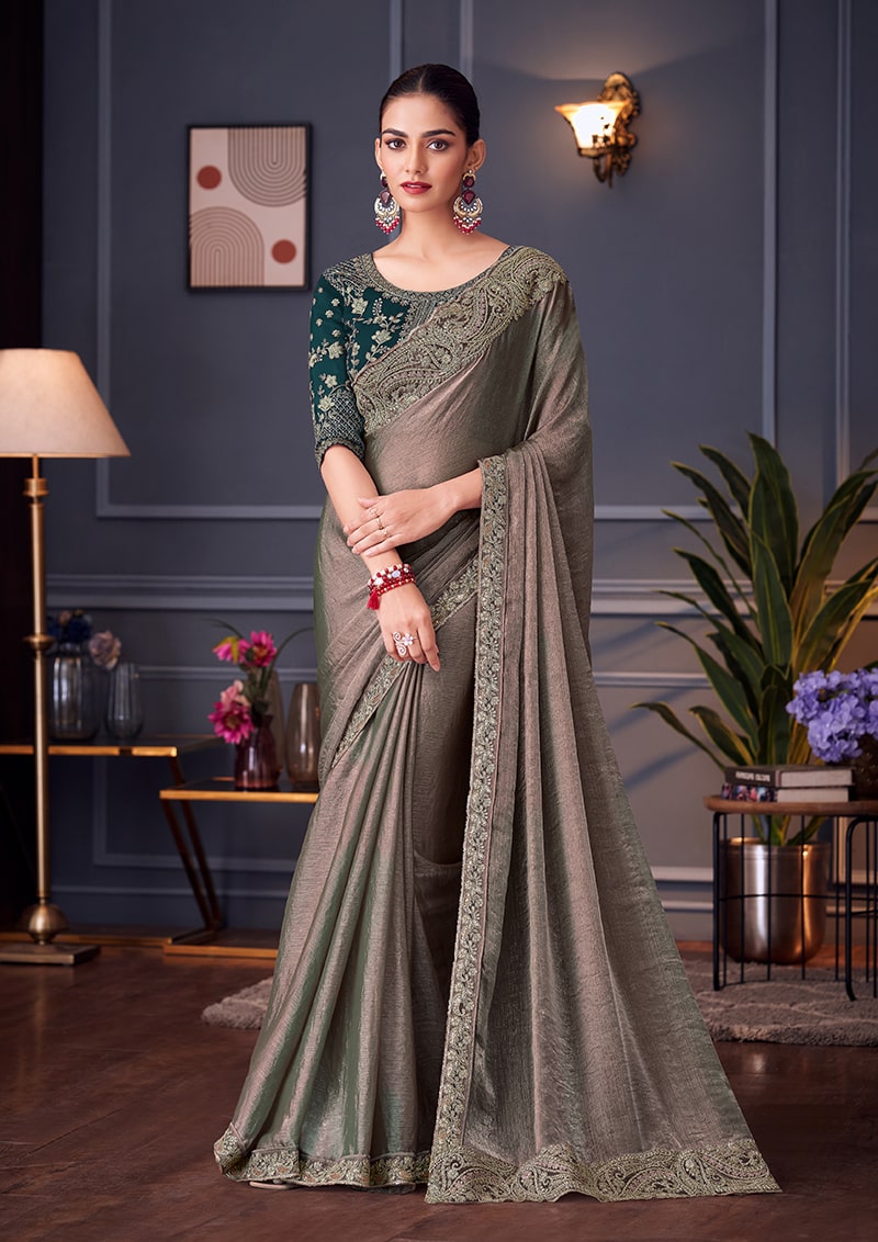 Monjolika Fashion Grey Embroidered Double Tone Silk Blend Designer Saree - Distacart