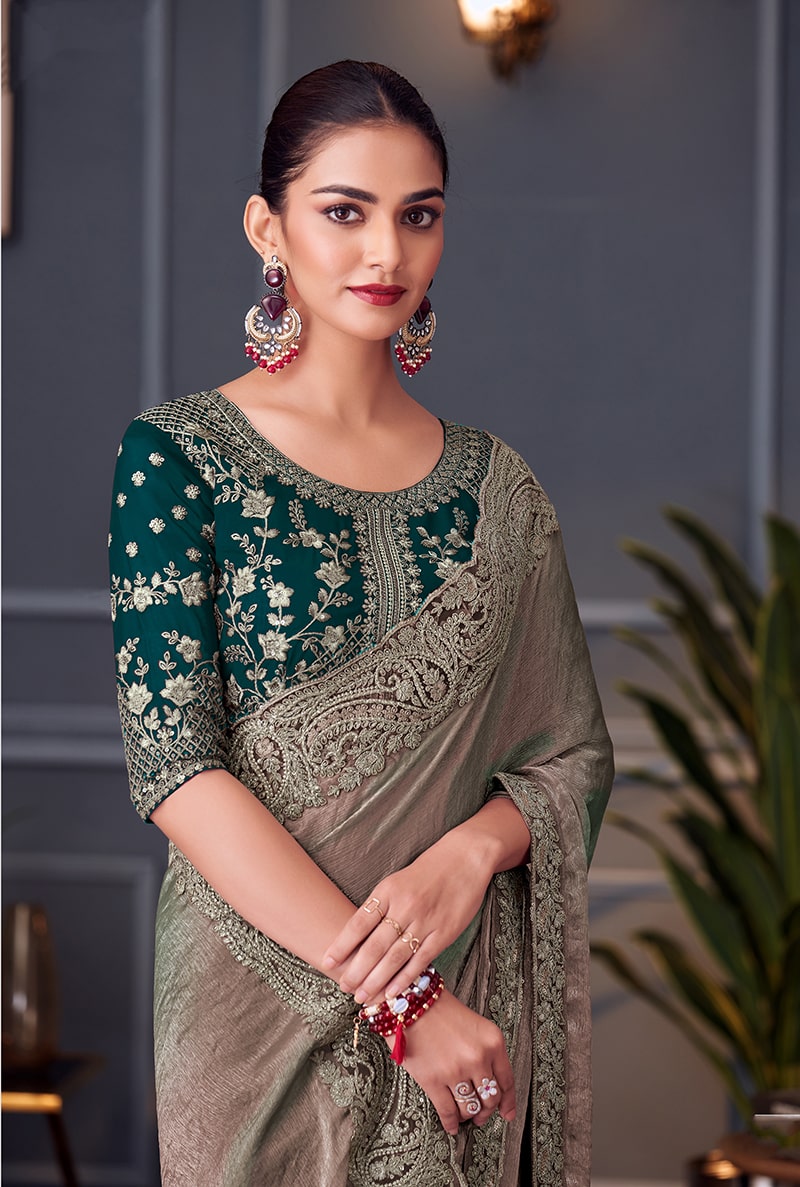Monjolika Fashion Grey Embroidered Double Tone Silk Blend Designer Saree - Distacart