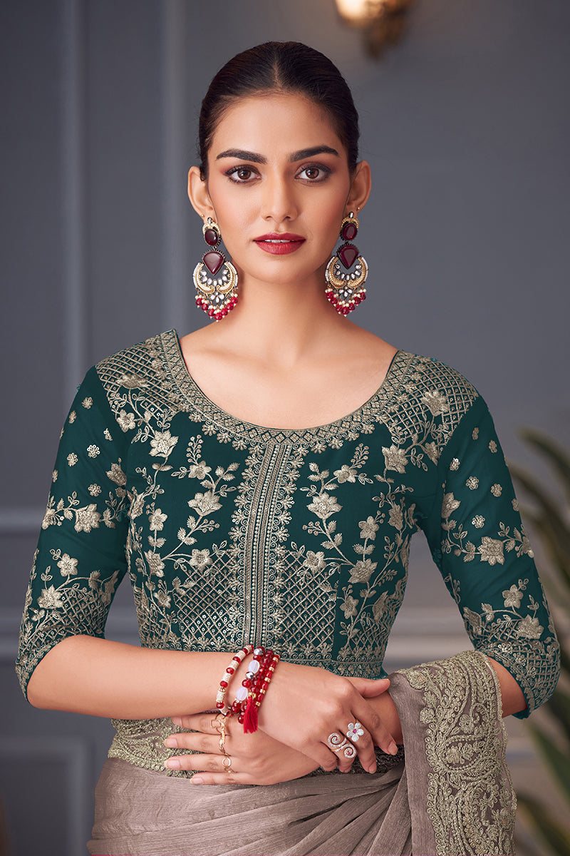 Monjolika Fashion Grey Embroidered Double Tone Silk Blend Designer Saree - Distacart