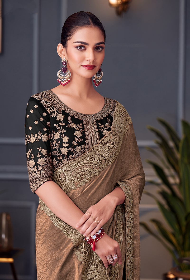 Monjolika Fashion Light Brown Embroidered Double Tone Silk Blend Designer Saree - Distacart