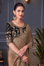 Monjolika Fashion Light Brown Embroidered Double Tone Silk Blend Designer Saree - Distacart