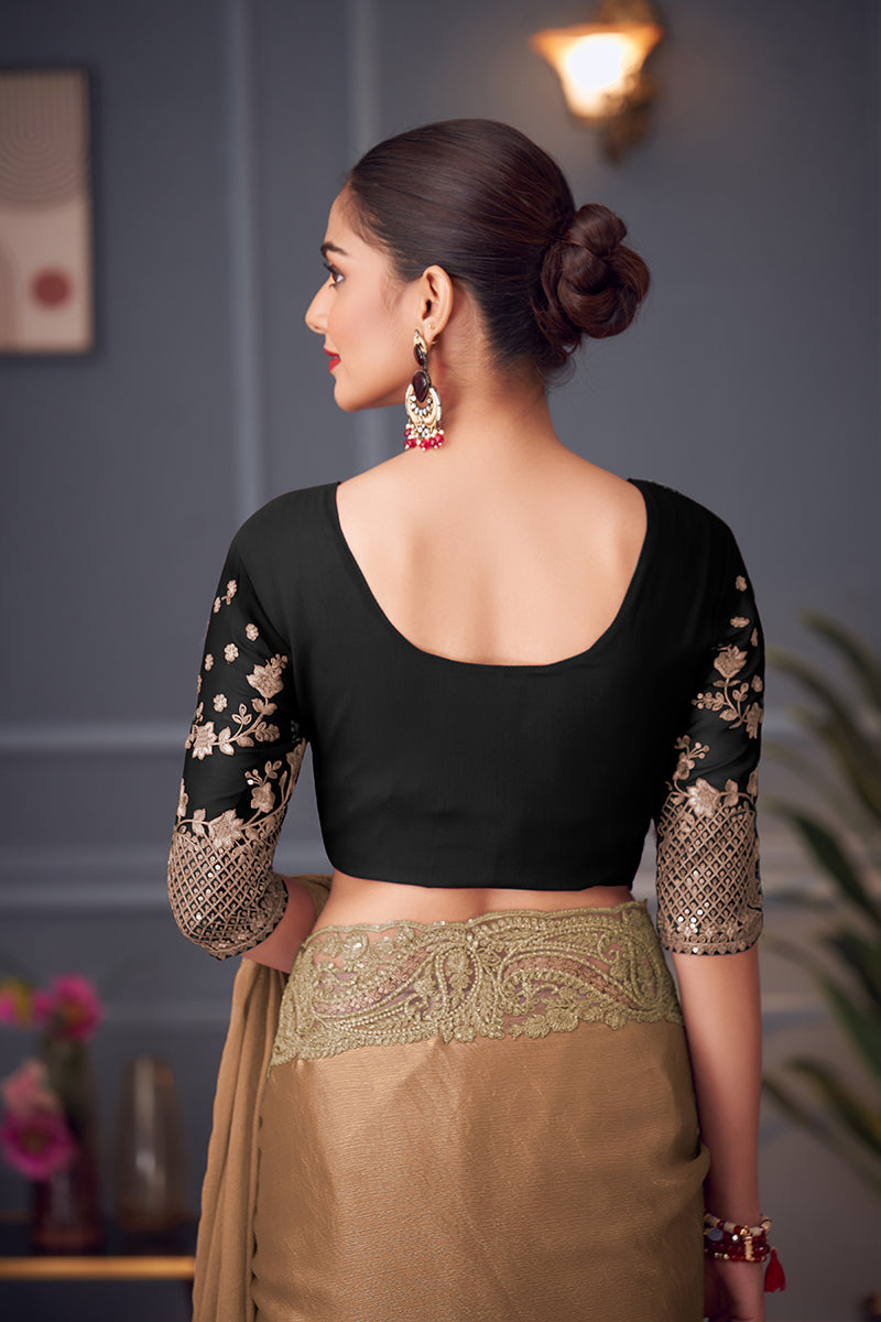 Monjolika Fashion Light Brown Embroidered Double Tone Silk Blend Designer Saree - Distacart