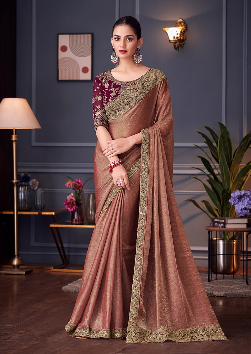 Monjolika Fashion Dark Peach Embroidered Double Tone Silk Blend Designer Saree - Distacart